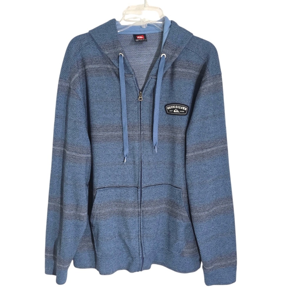 Quiksilver Mens XL Blue Striped Full Zip Hoodie Lightweight Textured Knit Jacket